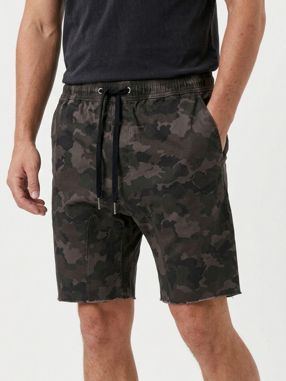 Zanerobe Sureshot Shorts 32 Dark Camo Drawstring Raw Hem Drop Crotch Streetwear